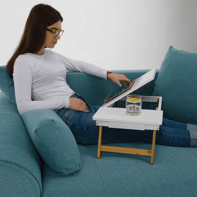 Notebook asztal/táblagép tartó, fehér/természetes bambusz, MELTEN