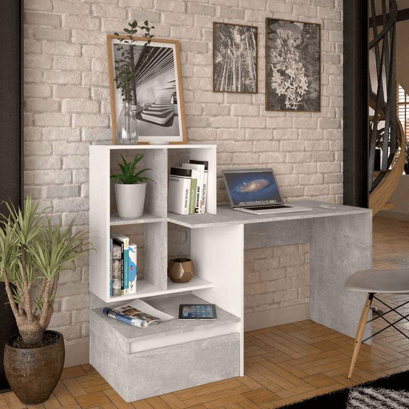 Számítógépasztal, beton/fehér, NEREO NEW