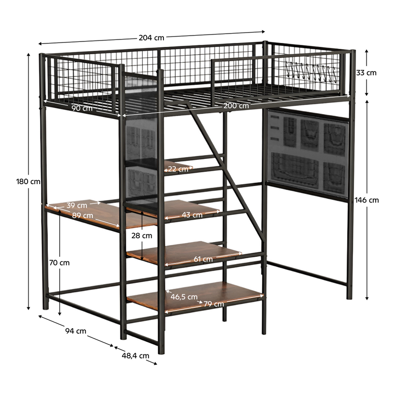 Megemelt ágy leesésgátlóval, 90x200, fekete, NIVEN