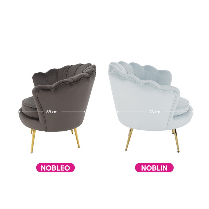 Fotel Art-deco stílusban, szürke-kék Velvet anyag/gold chróm-arany, NOBLIN