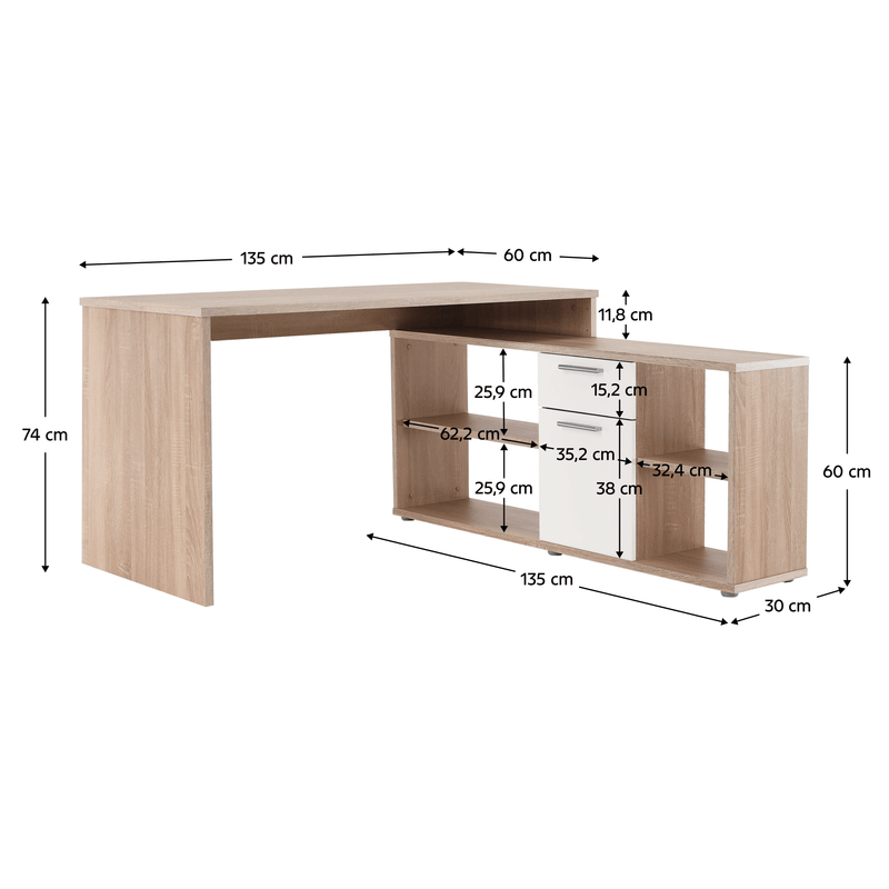 Sarok íróasztal, sonoma tölgy/fehér, NOE NEW