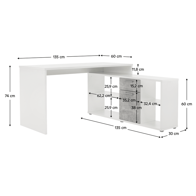 Sarok íróasztal, fehér/beton, NOE NEW