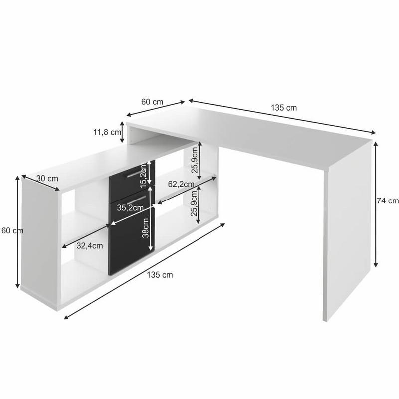 Sarok íróasztal, fehér/fekete, NOE NEW