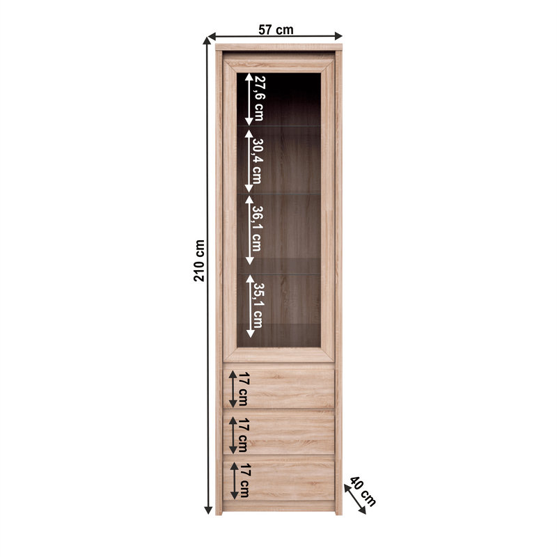 Vitrines szekrény, DTD laminált, tölgy sonoma, NORTY TYP 4