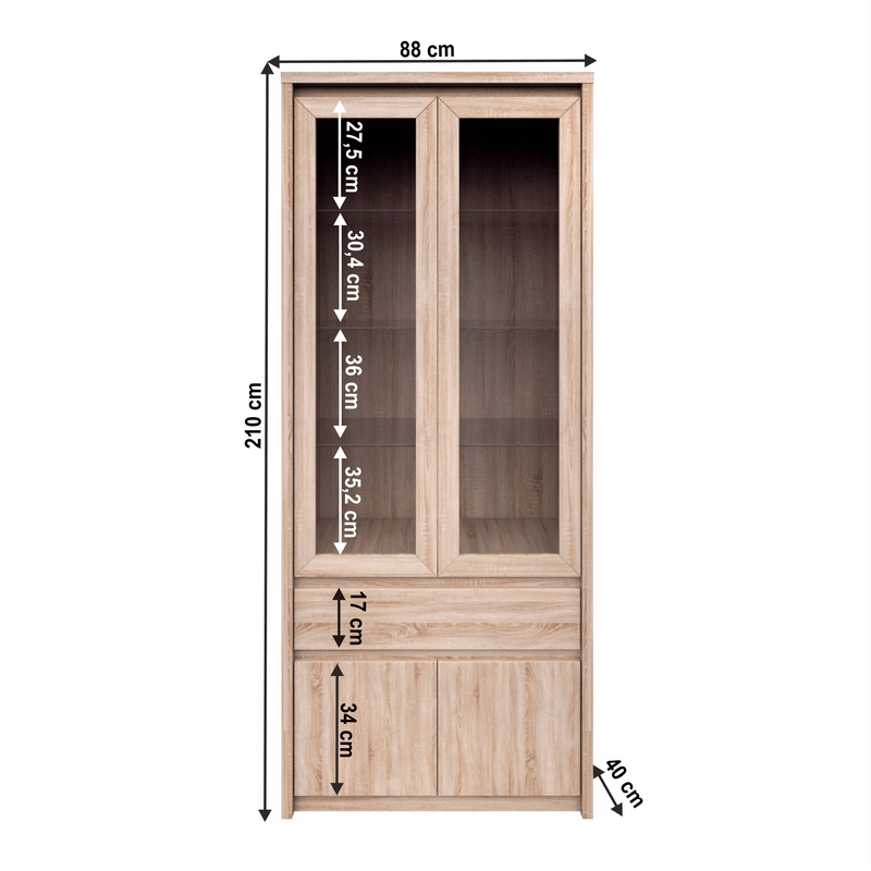 Vitrines szekrény, DTD laminált, tölgy sonoma, NORTY TYP 3