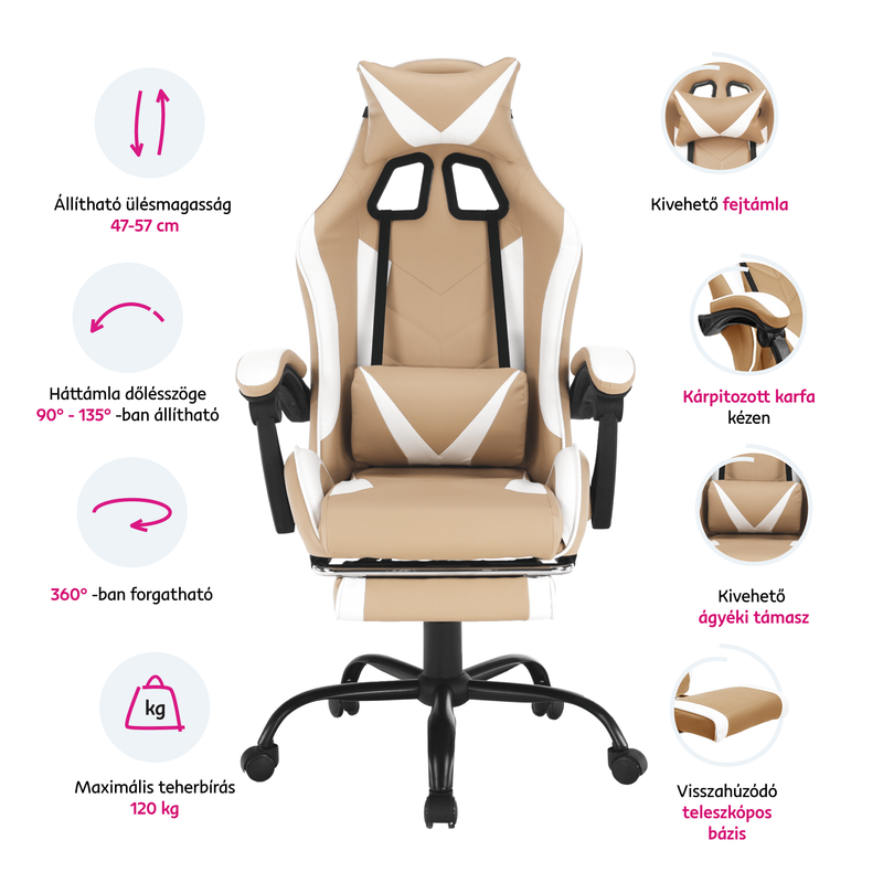 Irodai/gamer fotel, fekete/fehér/bézs, OZGE 2 NEW