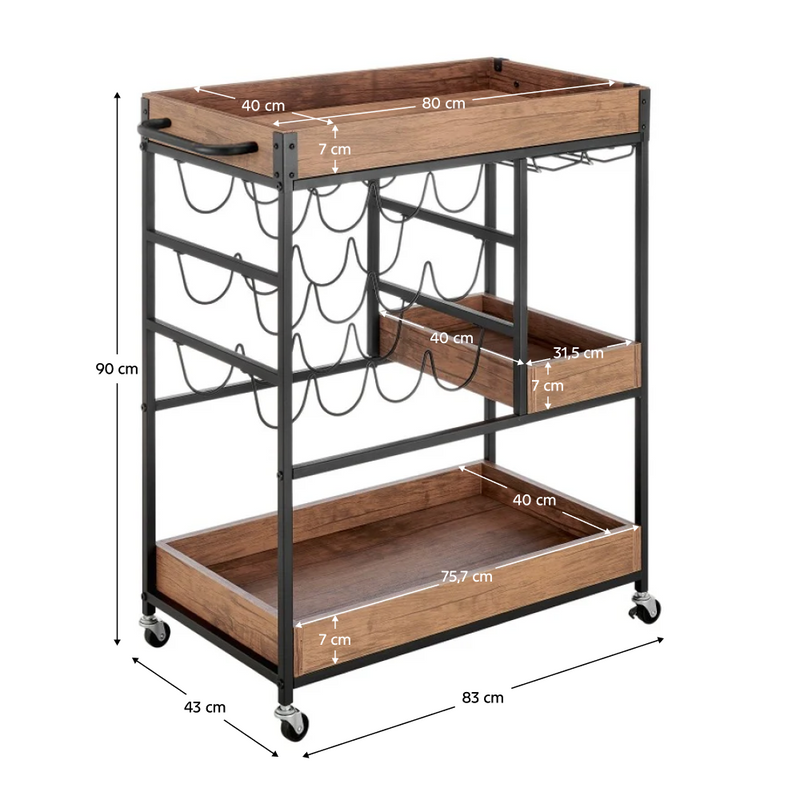 Tálalókocsi, sötét tölgy/fekete, PORTIS