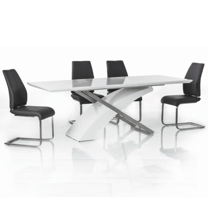 Meghosszabbítható étkezőasztal, fehér extra magasfényű HG/fém, 160-220x90 cm, KROS
