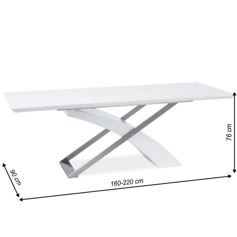 Meghosszabbítható étkezőasztal, fehér extra magasfényű HG/fém, 160-220x90 cm, KROS