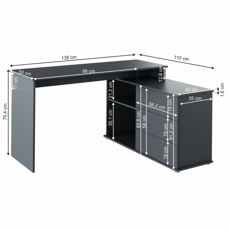 Univerzális sarok PC asztal, grafit, TERINO