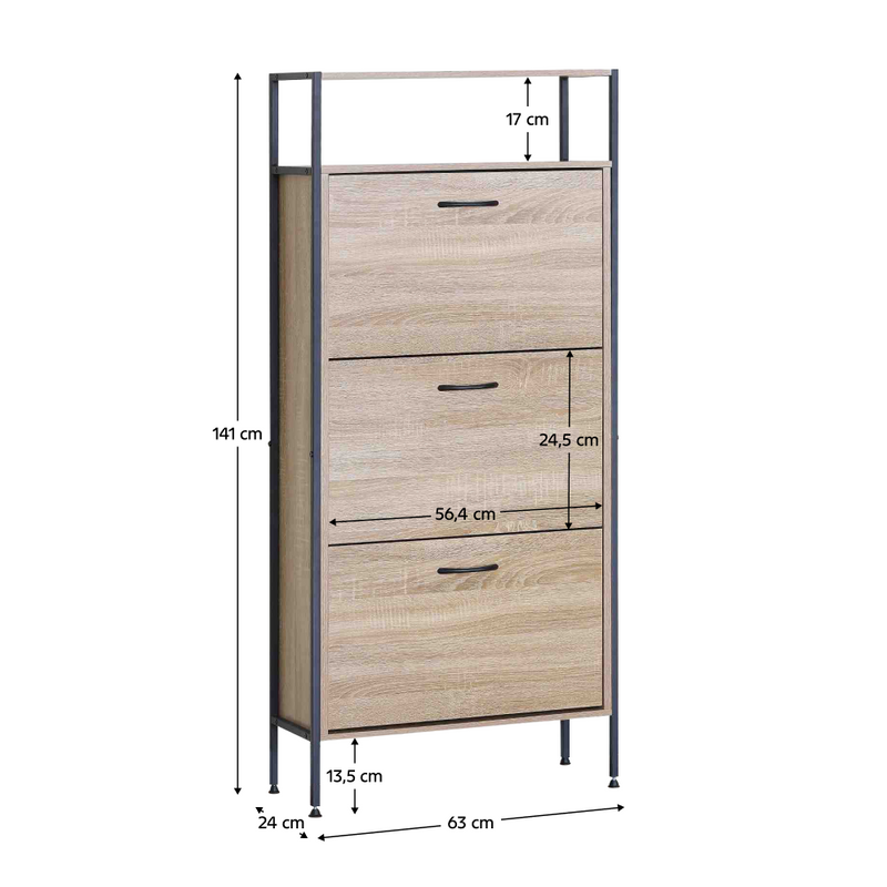 Cipőtároló, 3 soros, tölgy, TREDIS