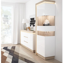 Vitrines szekrény LYOV01L, tölgy riviera/fehér extra magasfényű, LEONARDO