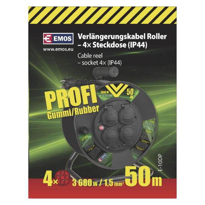 Kültéri kábeldob IP44, 50 m, 4 aljzat, fekete / gumi / 230 V / 1,5 mm2