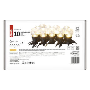 LED fényfüzér – 10x party égő, átlátszó, 5 m, kültéri és beltéri, meleg fehér