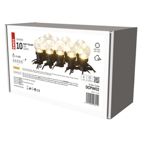 LED fényfüzér – 10x party égő, átlátszó, 5 m, kültéri és beltéri, meleg fehér