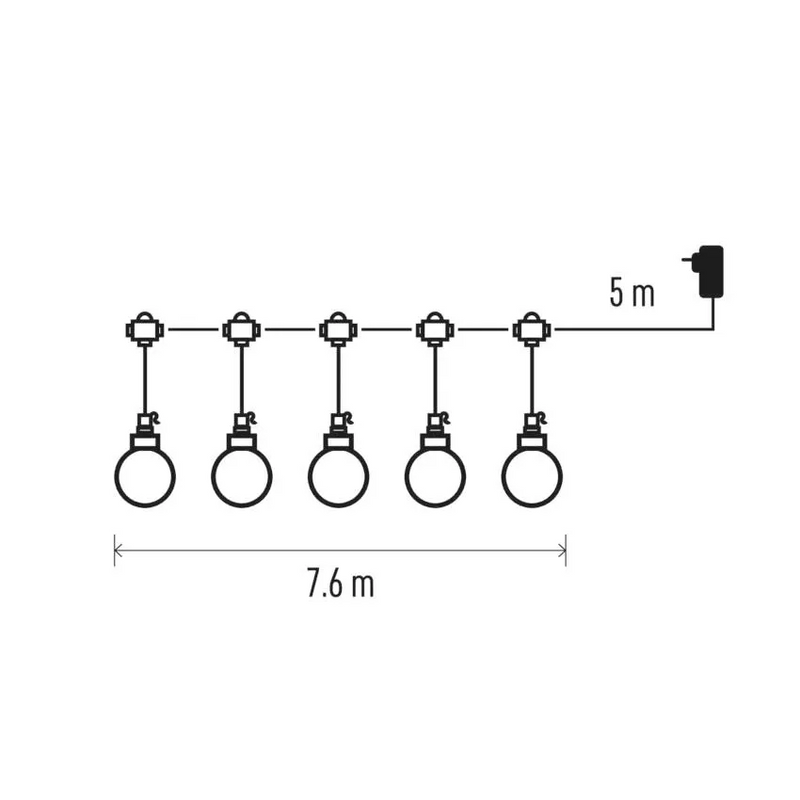 LED fényfüzér – 20x party égő, 7,6 m, kültéri és beltéri, meleg fehér