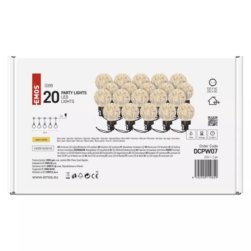 LED fényfüzér – 20x party égő, 7,6 m, kültéri és beltéri, meleg fehér