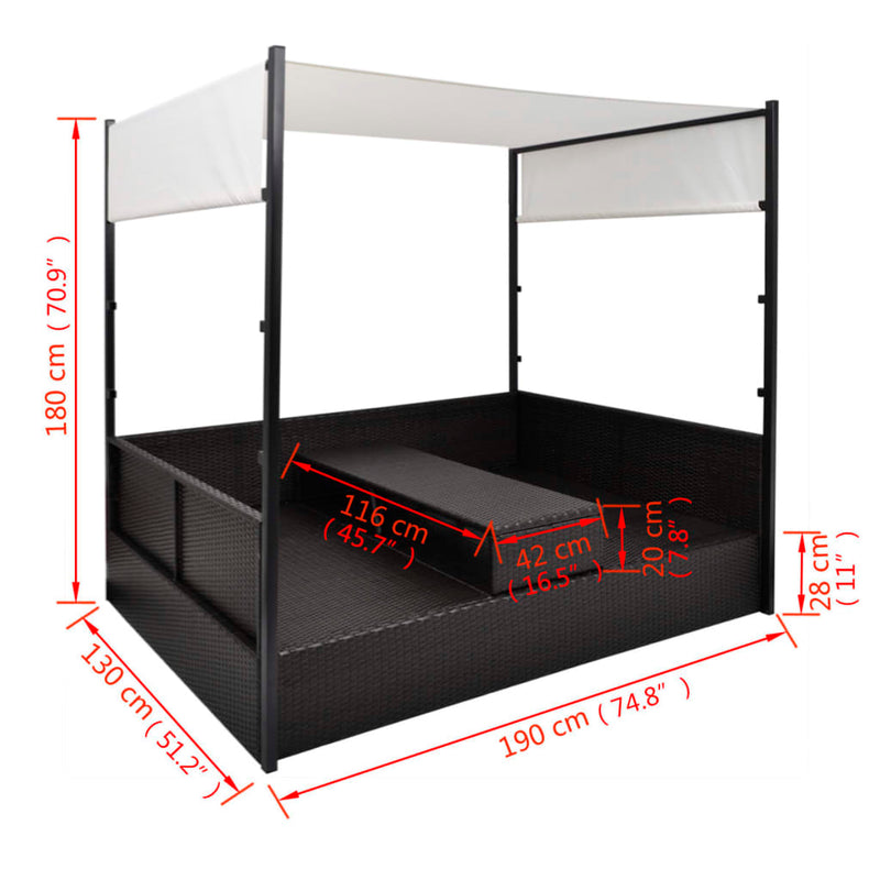 vidaXL fekete polyrattan napellenzős kerti ágy 190 x 130 cm