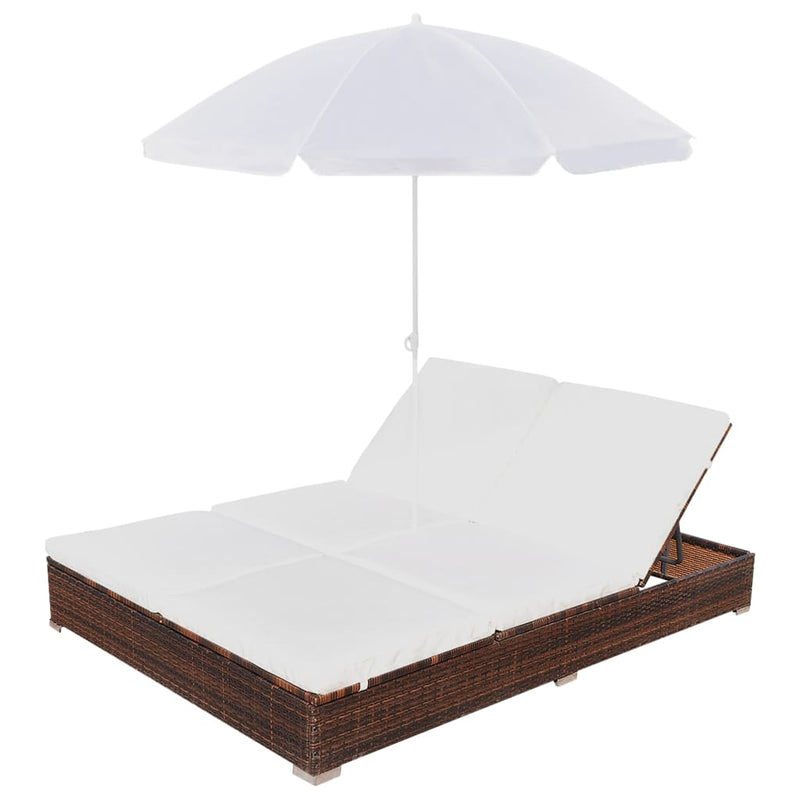 vidaXL barna polyrattan napozóágy napernyővel