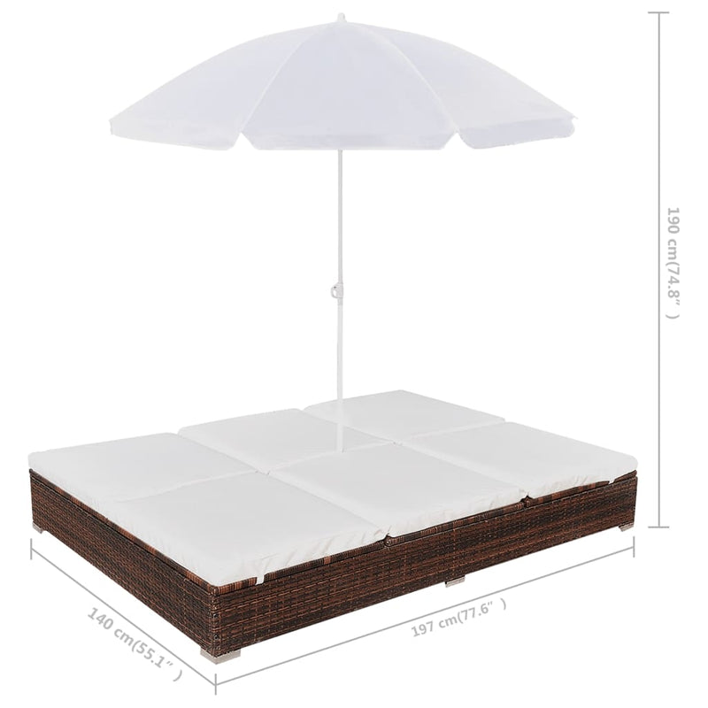 vidaXL barna polyrattan napozóágy napernyővel