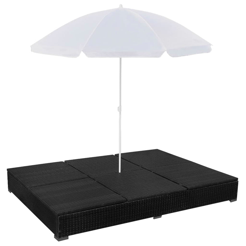 vidaXL fekete polyrattan napozóágy napernyővel