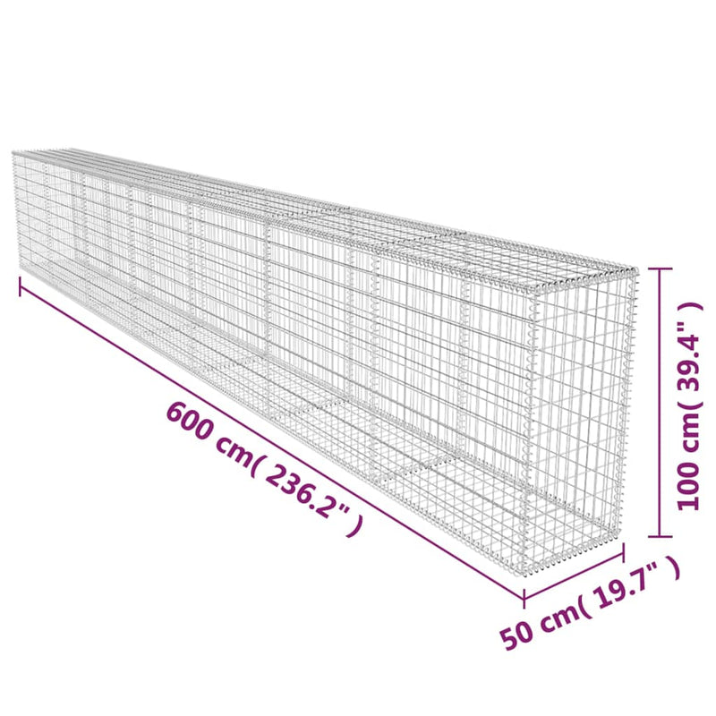 vidaXL horganyzott acél gabion fal fedéllel 600 x 50 x 100 cm