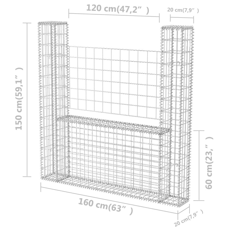 vidaXL U-alakú horganyzott acél gabion kosár 160 x 20 x 150 cm