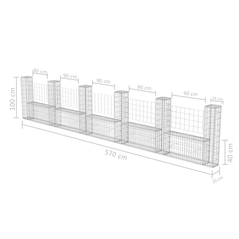 vidaXL U-alakú horganyzott acél gabion kosár 570 x 20 x 100 cm