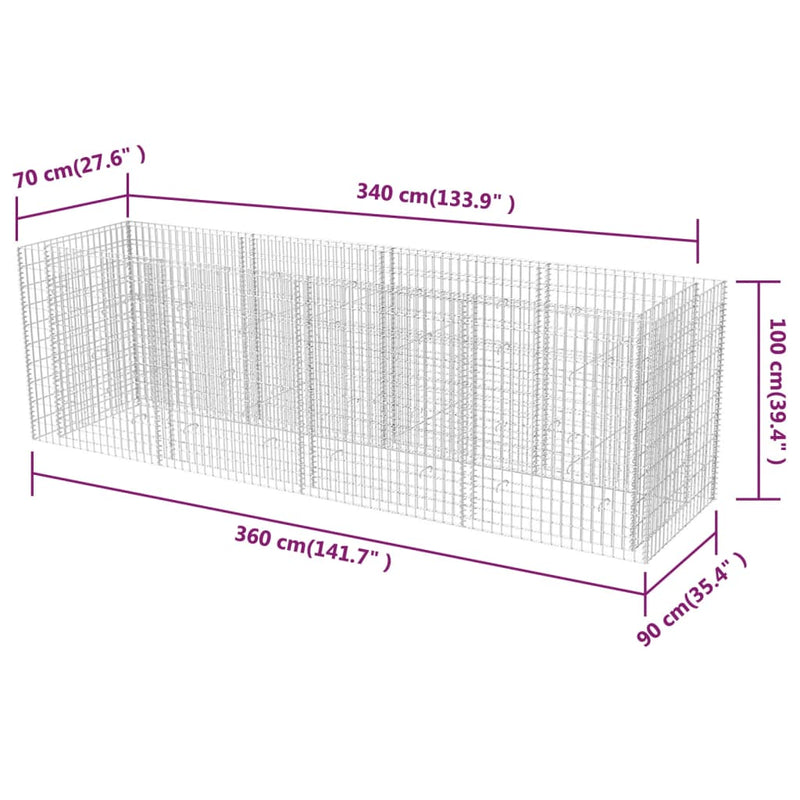 vidaXL acél gabion magaságyás 360 x 90 x 100 cm