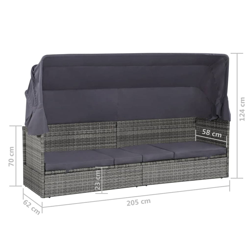 vidaXL szürke polyrattan napellenzős kerti ágy 205 x 62 cm