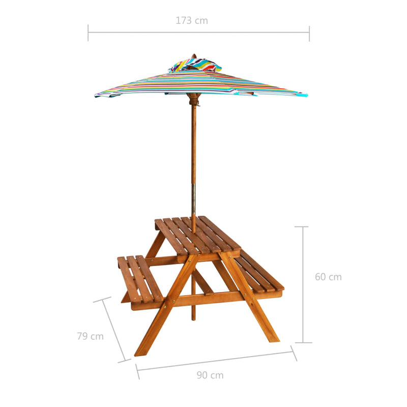 vidaXL tömör akácfa gyermek piknikasztal napernyővel 79x90x60 cm