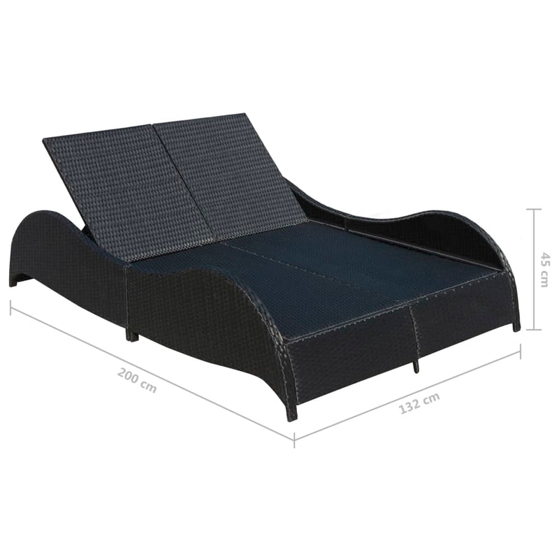 vidaXL fekete kétszemélyes polyrattan napozóágy párnával