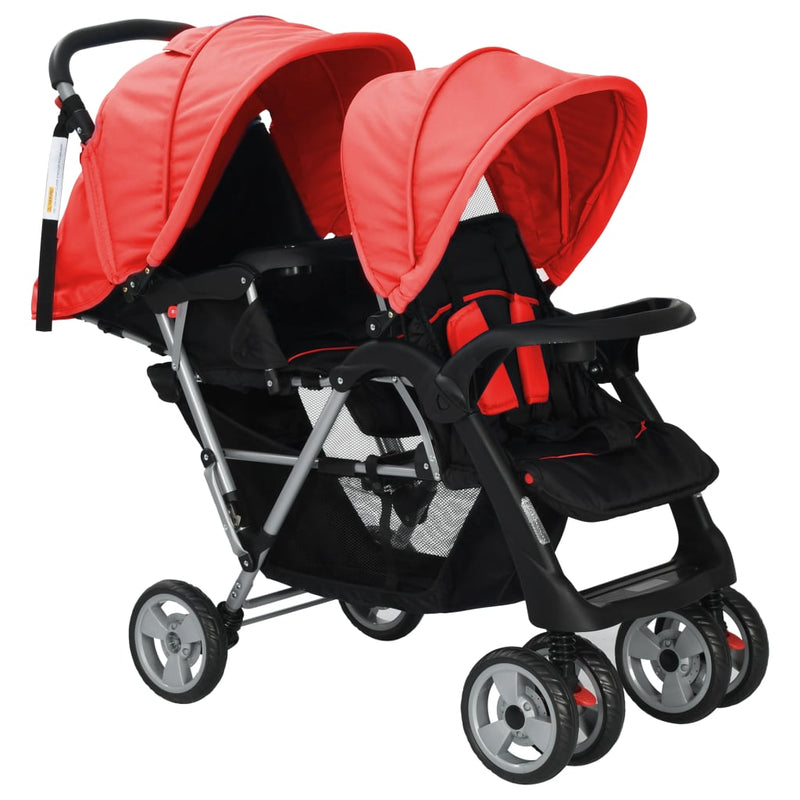 vidaXL acél piros és fekete tandem babakocsi