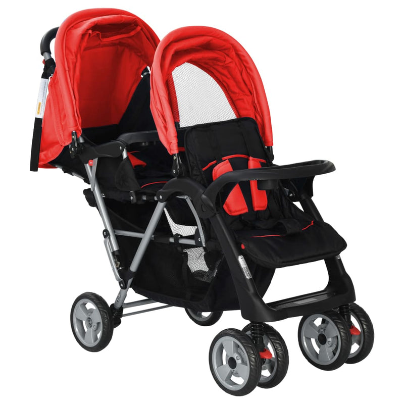 vidaXL acél piros és fekete tandem babakocsi