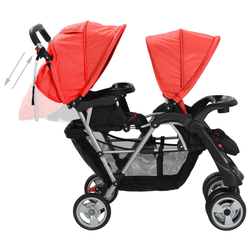 vidaXL acél piros és fekete tandem babakocsi