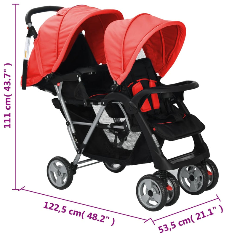 vidaXL acél piros és fekete tandem babakocsi