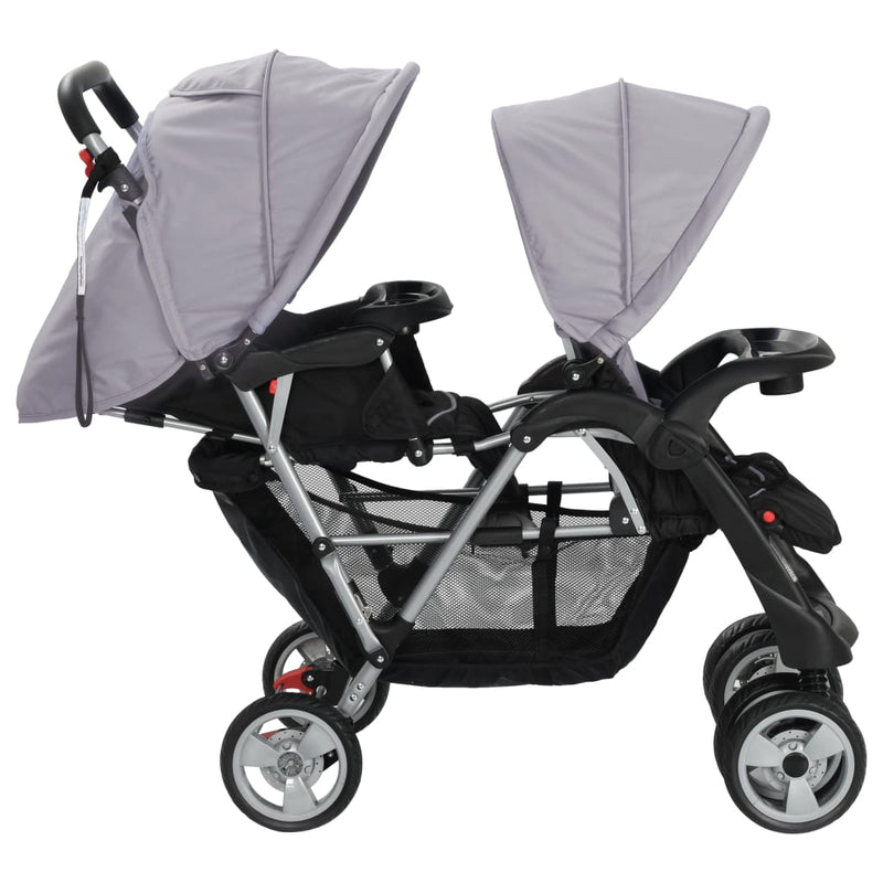 vidaXL acél szürke és fekete tandem babakocsi