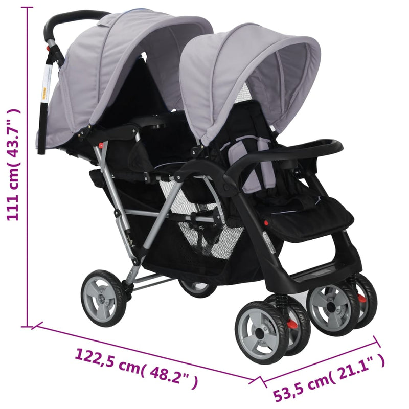 vidaXL acél szürke és fekete tandem babakocsi
