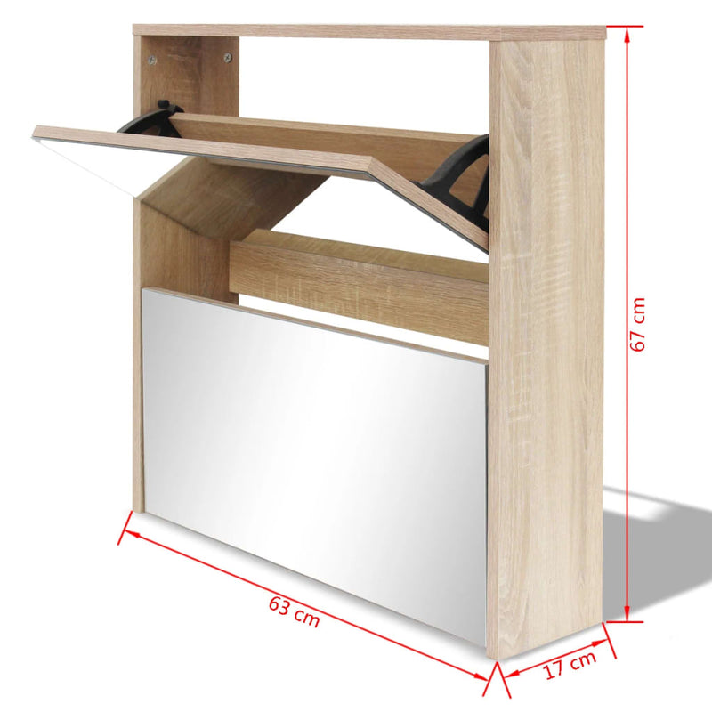 vidaXL 2 szintes tölgyfa cipőszekrény tükörrel 63 x 17 x 67 cm