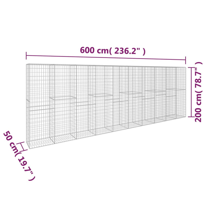 vidaXL horganyzott acél gabion fal fedéllel 600 x 50 x 200 cm