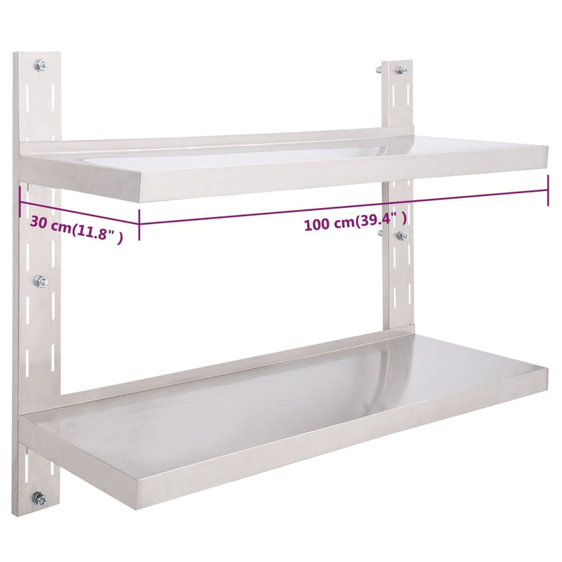 vidaXL kétszintes rozsdamentes acél falra szerelhető polc 100 x 30 cm