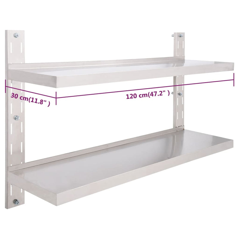 vidaXL kétszintes rozsdamentes acél falra szerelhető fali polc 120 x 30 cm