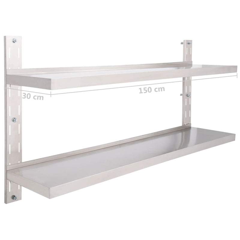 vidaXL kétszintes rozsdamentes acél falra szerelhető polc 150 x 30 cm