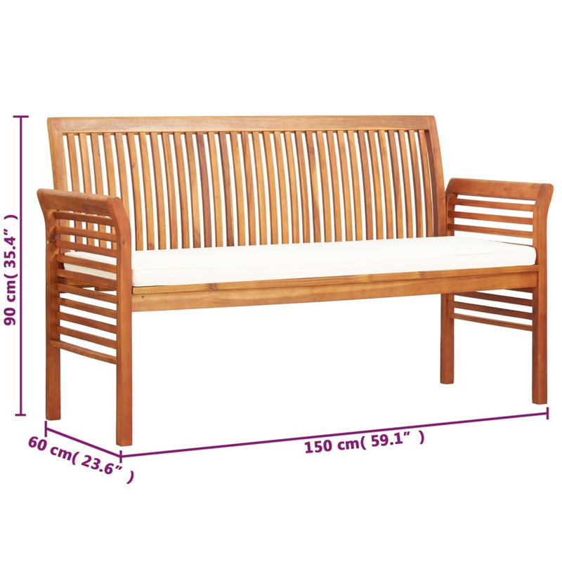 vidaXL háromszemélyes tömör akácfa kerti pad párnával 150 cm
