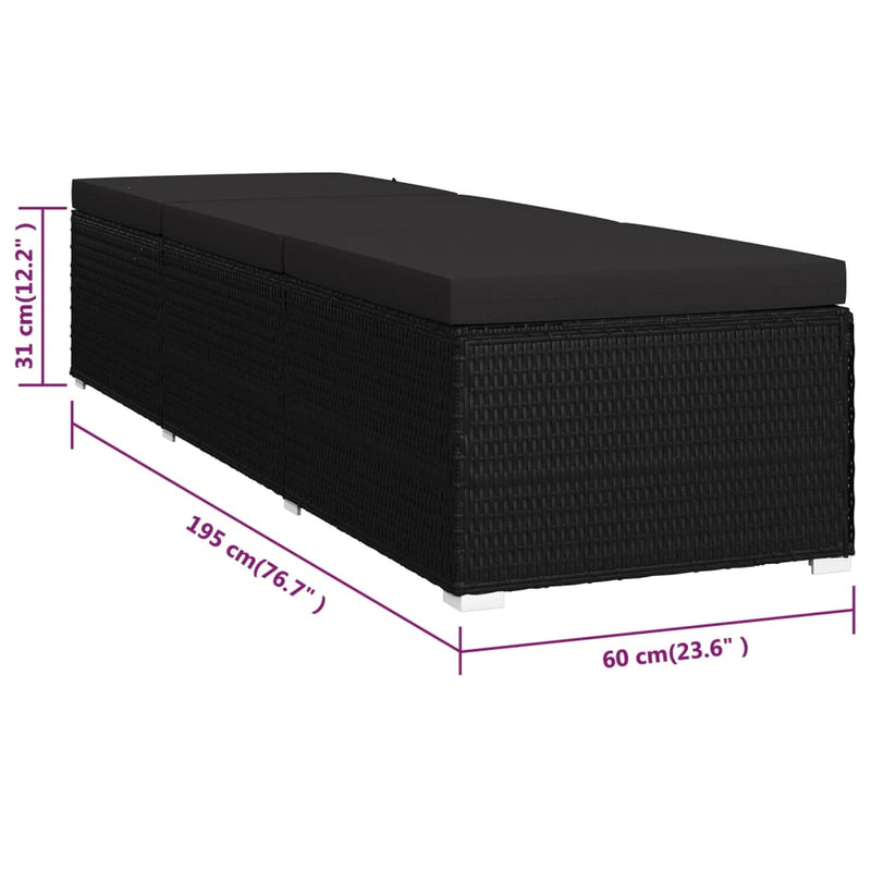 vidaXL fekete polyrattan napozóágy párnával