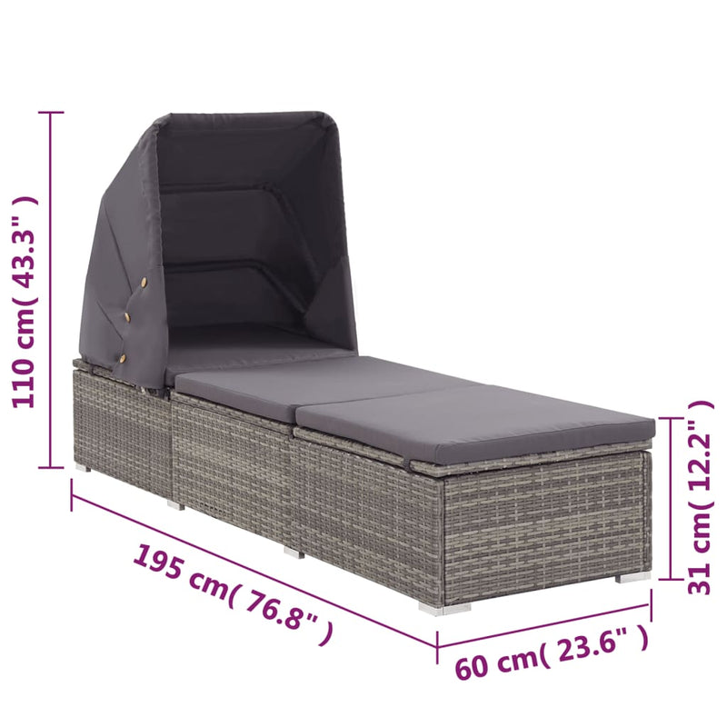 vidaXL szürke polyrattan napozóágy ponyvával és párnával
