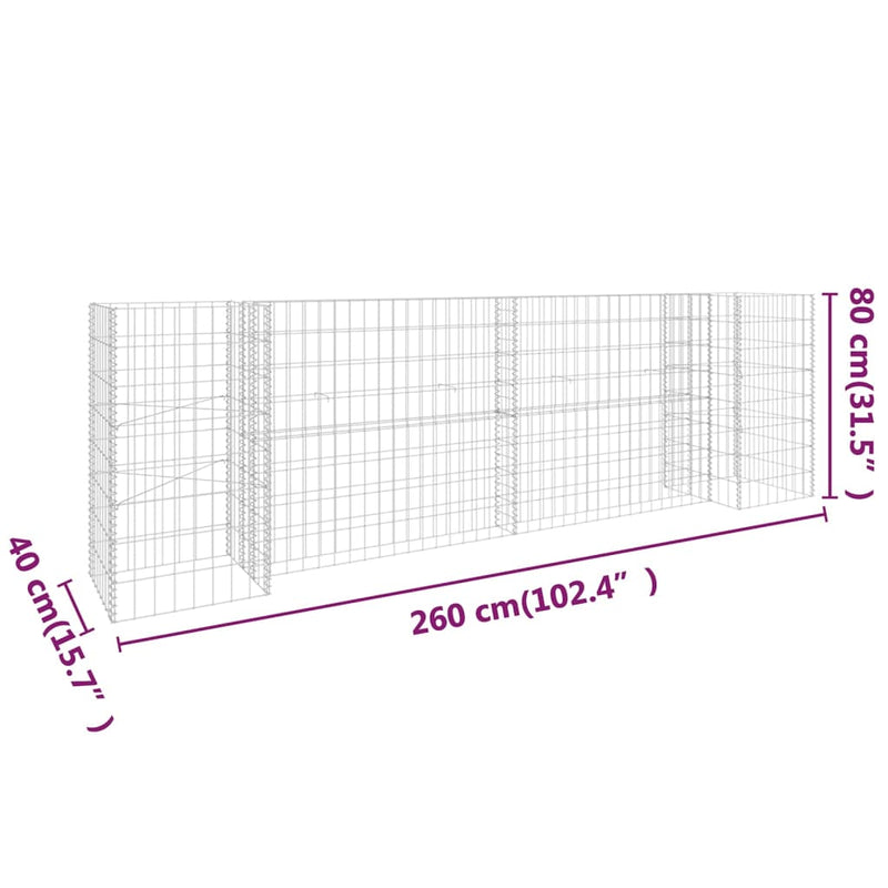 vidaXL H alakú acéldrót virágtartó gabion 260 x 40 x 80 cm