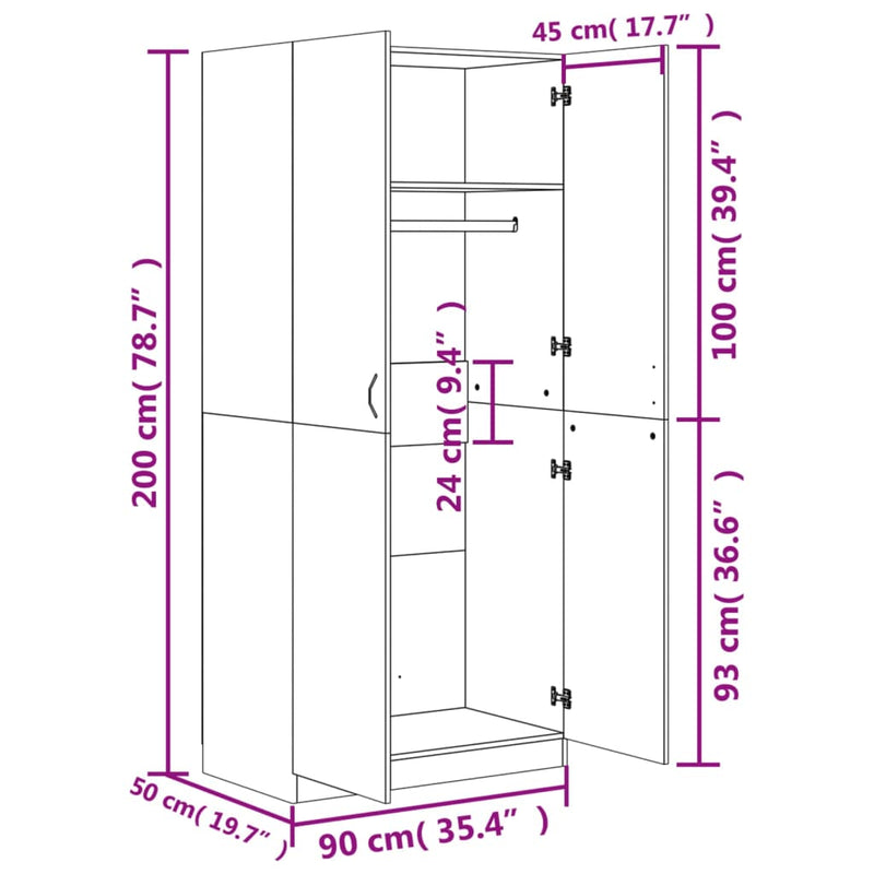 vidaXL betonszürke szerelt fa ruhásszekrény 90 x 52 x 200 cm