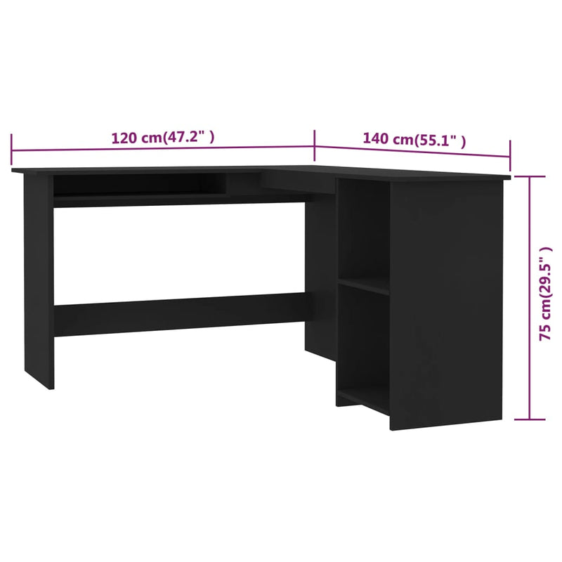 vidaXL fekete szerelt fa L-alakú sarok-íróasztal 120 x 140 x 75 cm