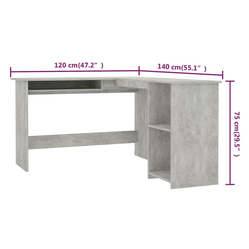 vidaXL betonszürke szerelt fa L-alakú sarok-íróasztal 120x140x75 cm